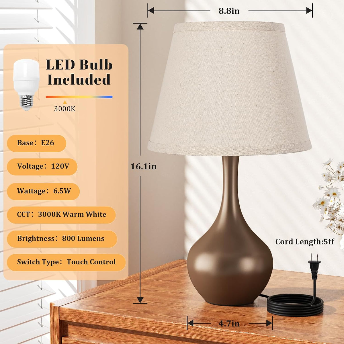 Seealle Touch Table Lamp for Bedroom, 3-Way Dimmable Small Bedside Lamps for Night Stands with Wires, Wood-Paint Desk Lamp for Kids Room, Office, Living Room, End Table(LED Bulb Included)