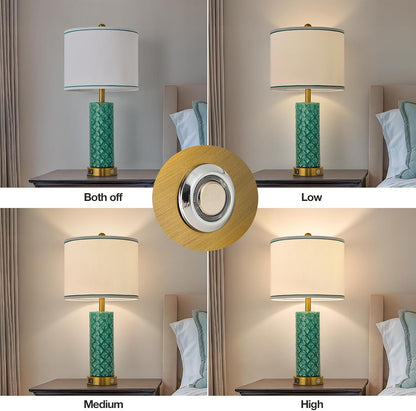 Small Bedside Table Lamp for Bedroom - Reading Desk Lamp with 3 Color Temperatures，15.5" Nightstand Ceramic Lamp with Fabric Shade for Kids Room,Living Room,Dorm,Home Office (Green)