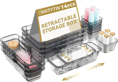 Adjustable Clear Drawer Organizer, Extendable Vanity Storage Bins, Desk Drawer Organizer Set for Makeup, Cosmetics, Bedroom, and Gadgets, Purple