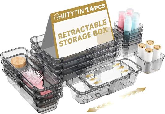 Adjustable Clear Drawer Organizer, Extendable Vanity Storage Bins, Desk Drawer Organizer Set for Makeup, Cosmetics, Bedroom, and Gadgets, Purple