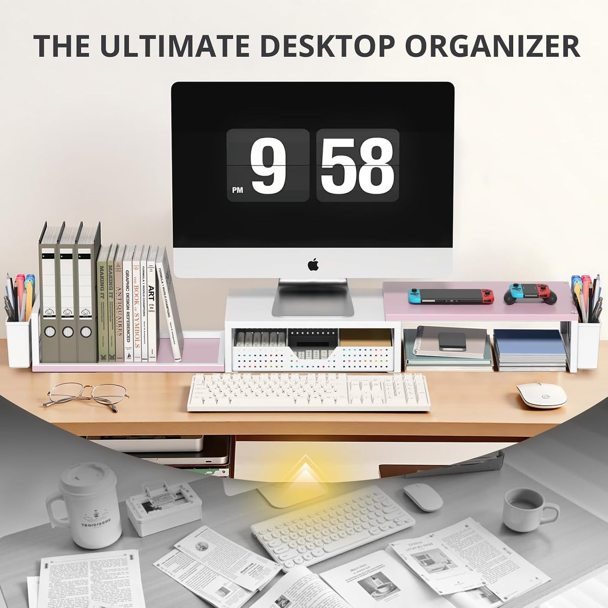 OPNICE Desk Organizers and Accessories, Dual Monitor Stand Riser with Drawer and 2 Pen Holders, Desk Shelf Metal Computer Racks for Office Workspace Organizers, Desktop Organization (Black Metal)