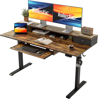48 * 24 Inch Electric Standing Desk with Shelf & Led, Dark Walnut
