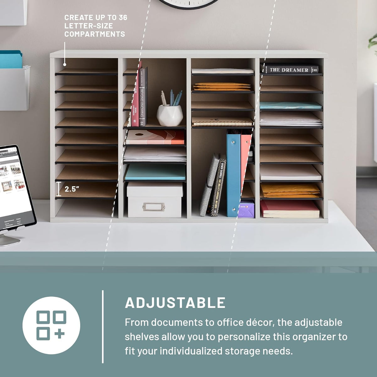 Safco 9422GR Wood Adjustable Literature & Paper Organizer, 16 Adjustable Compratment, Stackable Durable Construction, Home, Office, Mailroom, Classroom Mailbox , Gray