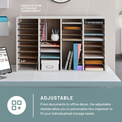 Safco 9422GR Wood Adjustable Literature & Paper Organizer, 16 Adjustable Compratment, Stackable Durable Construction, Home, Office, Mailroom, Classroom Mailbox , Gray