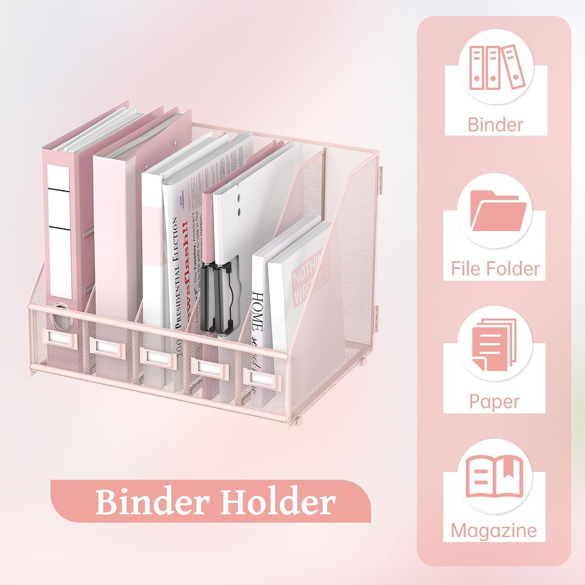 Desk Organizers Metal Desk Magazine File Holder with 5 Vertical Compartments Rack File Organizer for Office Desktop, Classroom, Home Workspace, Black