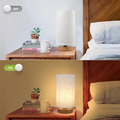Small Bedside Table Lamp for Bedroom,Natural Round Wood Base&Fabric Linen Shade,Cozy Night Table Light for Study Reading,Minimalist Boho Desk Lamp for Nightstand,Living Room,Nursery,Kitchen,Dorm