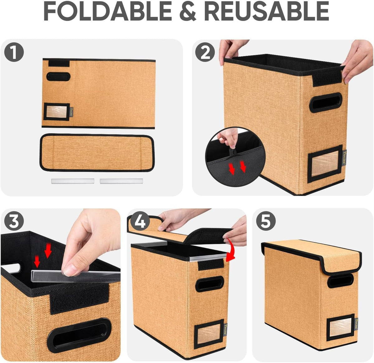 BALEINE File Organizer Box with Lid, Collapsible File Folder Organizer with Plastic Slide, Hanging File Folder Box for Office Document Storage (Black)