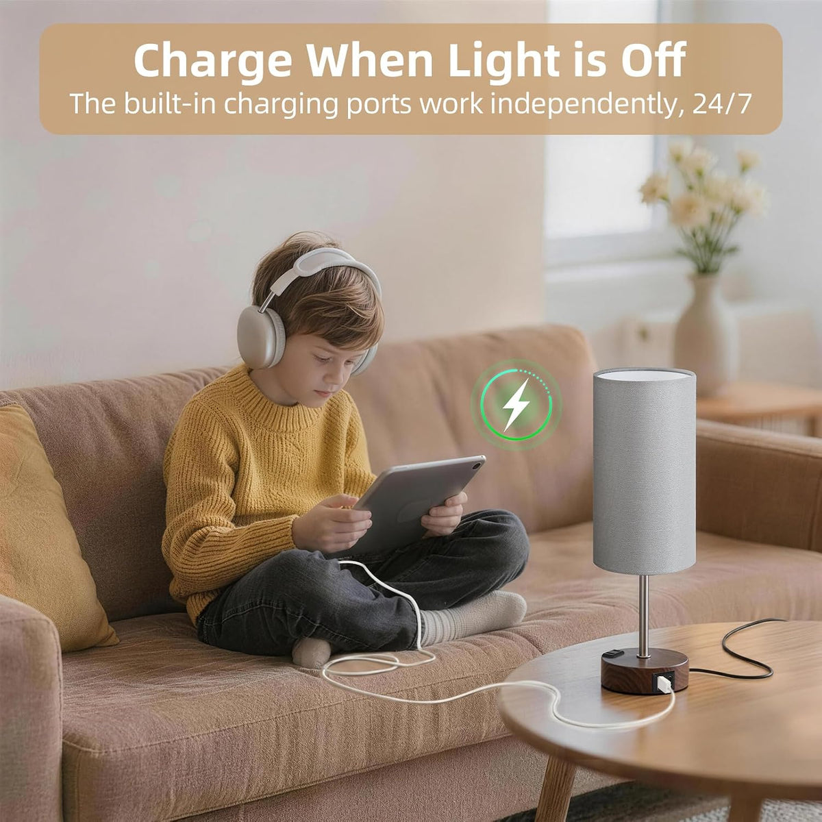 Table Lamp for Nightstand, High-Sensitivity Touch, 3-Level Dimmable Bedside Lamp with AC Outlet | USB | and USB-C, Ideal Night Stand Lamp for Bedroom, Reading, Living Room(Warm&Wooden)