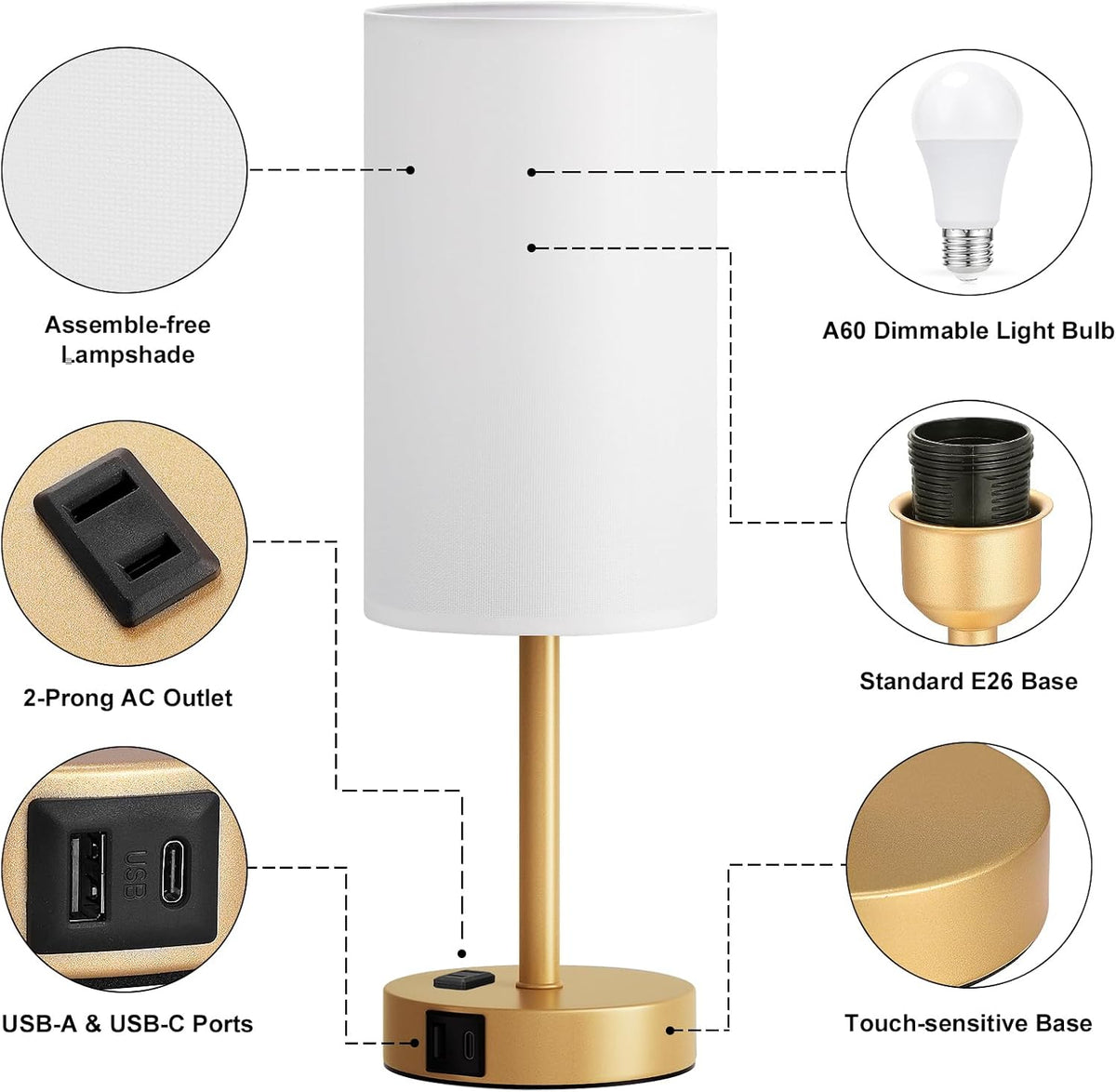 Fenmzee Bedside Table Lamp for Bedroom - Dimmable Touch, USB A+C, AC Outlet