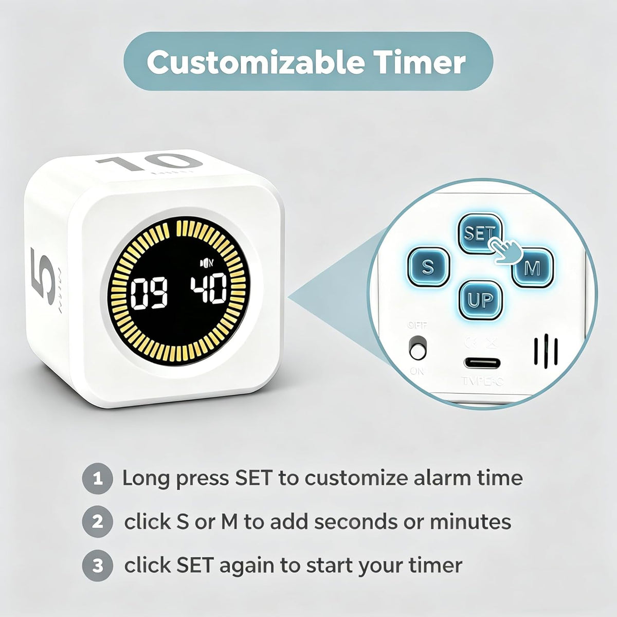 KADAMS Pomodoro Cube Timer Productivity Visual Timer - 5/10/25/50 Min Rotating Countdown (1, Green)