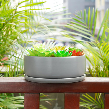 SQOWL 8 inch White Round Ceramic Succulent Planter Pot Modern Flower Cactus herb Big Planter with Removable Saucer Indoor or Outdoor