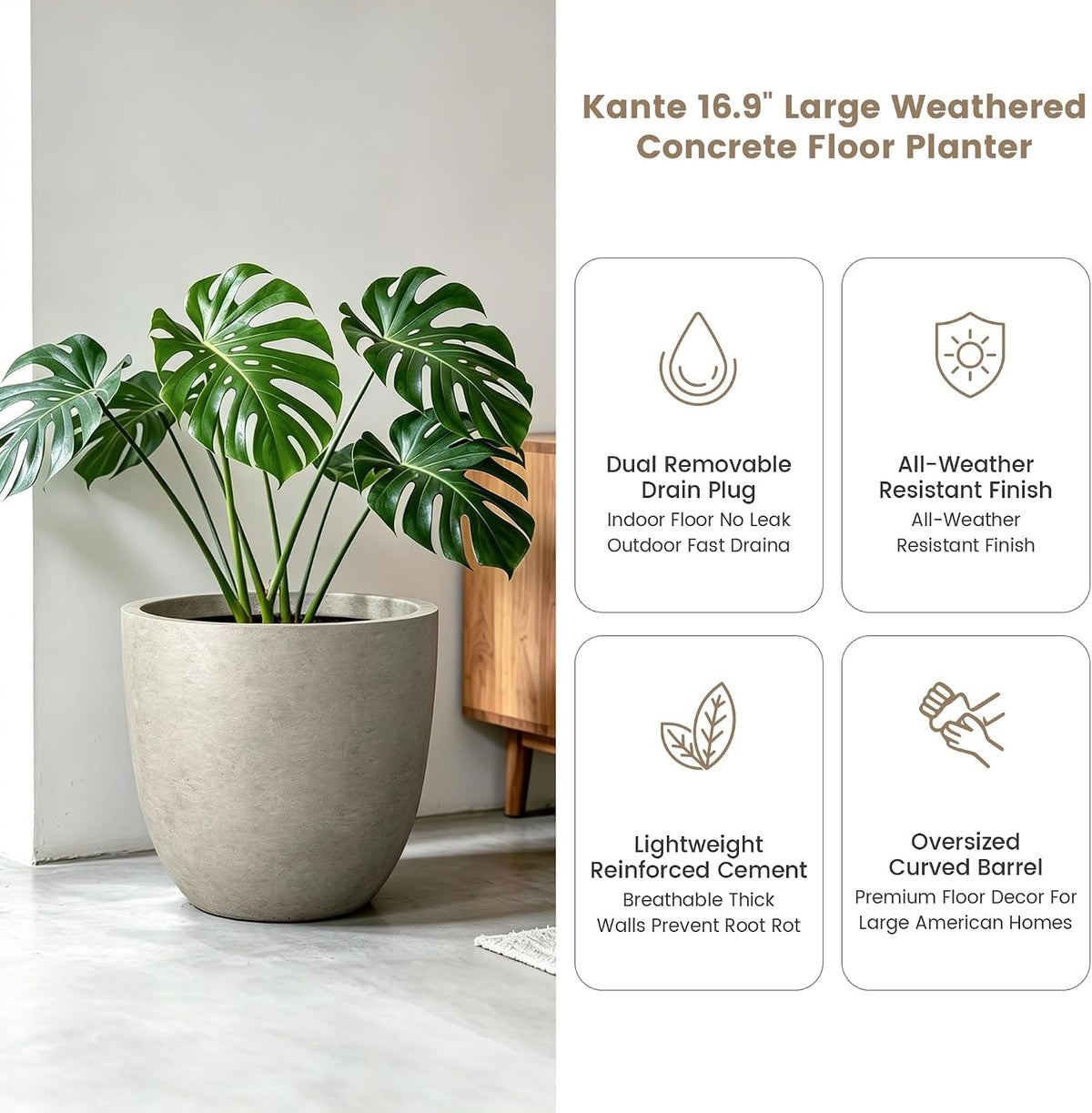 Kante 8.9" H x 10" W Small Concrete Planter, Compact Desktop Plant Pot with Drainage Hole & Rubber Plug – Lightweight Breathable Cement Container for Succulents, Cactus, Herbs, Indoor Outdoor, Gift
