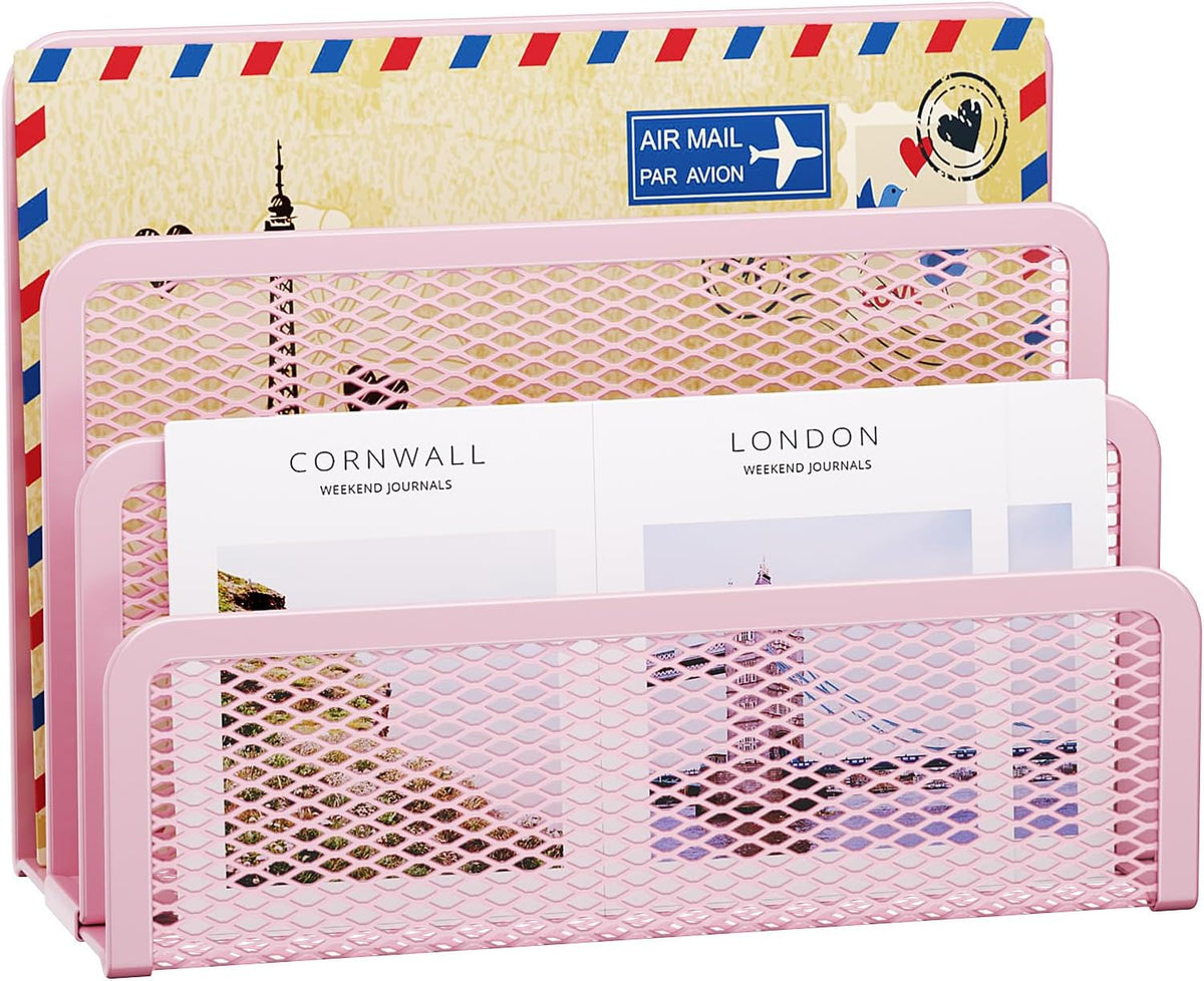 Marbrasse Mail Organizer for Desk, 3-Slot Mesh Metal Mail Holder countertop, Letter Holder, Office Desktop Envelope and Document Storage Rack (2P)