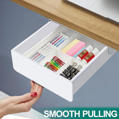 SVNNELP Under Desk Table Drawer Storage Organizer, Slide Out Drawer with 4 Compartments Divider,Pencil Storage Self-Adhesive Tray Under Table (M/White+White)