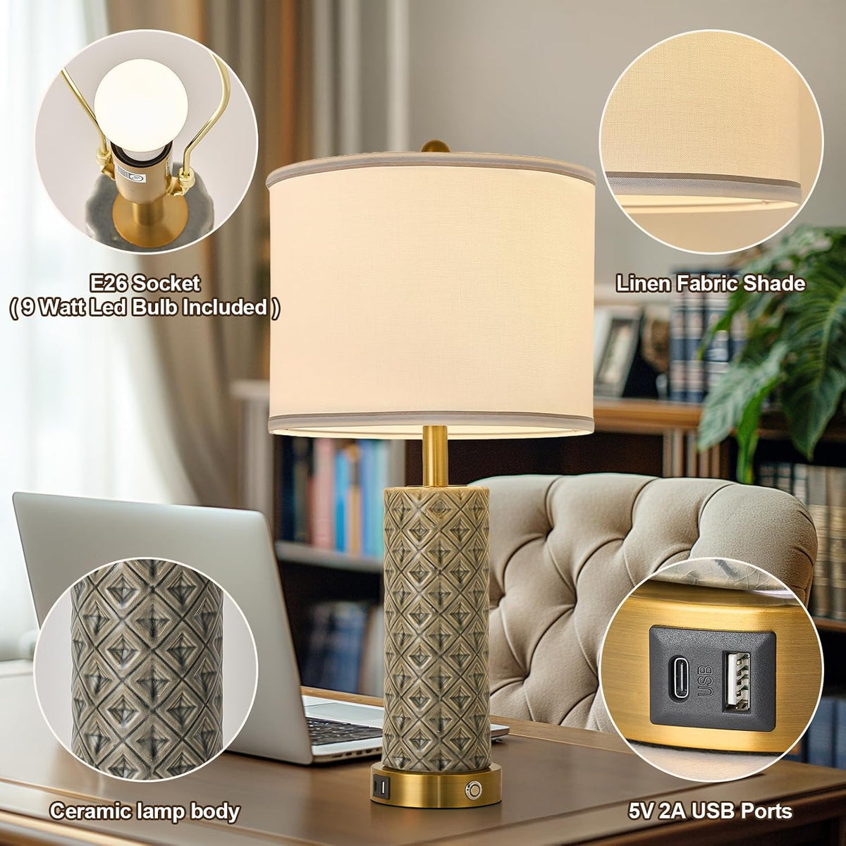 Small Bedside Table Lamp for Bedroom - Reading Desk Lamp with 3 Color Temperatures，15.5" Nightstand Ceramic Lamp with Fabric Shade for Kids Room,Living Room,Dorm,Home Office (Green)