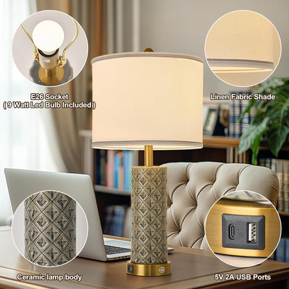 Small Bedside Table Lamp for Bedroom - Reading Desk Lamp with 3 Color Temperatures，15.5" Nightstand Ceramic Lamp with Fabric Shade for Kids Room,Living Room,Dorm,Home Office (Green)