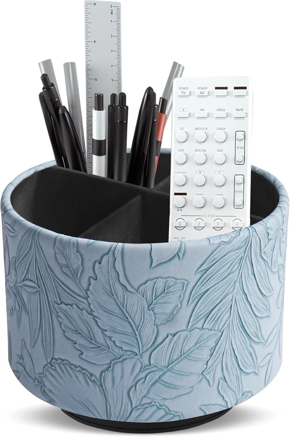 Round Leather Art Supply Organizer,Remote Control Holder,360 Degree Rotating,Multi-Functional Pencil Holder,4 Compartments Desktop Stationary Organizer(1-Blue Bird) - Colors A