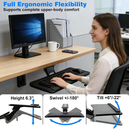 Keyboard Tray Under Desk,Adjustable for Height and Tilt, Adjustable Computer Keyboard & Mouse Platform Tray,25"W x 9.8"D Surface, Ideal for Home and Office Use