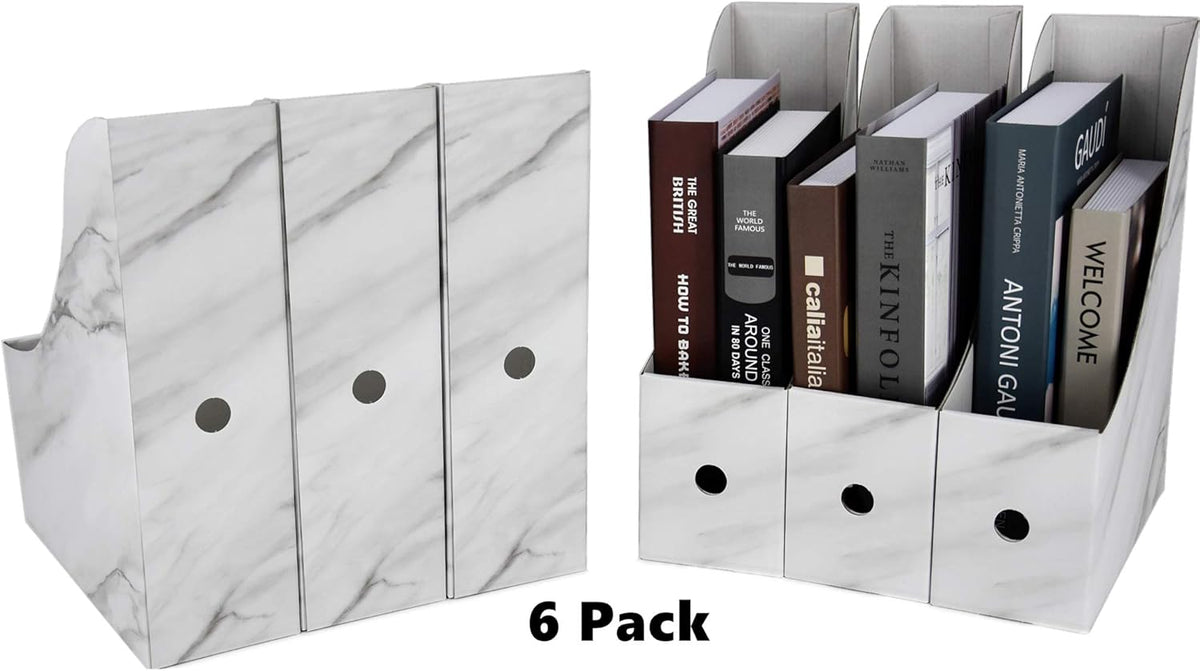 HUAPRINT Magazine Holder( 6 Pack, Marbling Gray) Cardboard Magazine File Holder-Folder Holder,Magazine Organizer,Document Organizer,Magazine Storage Box,With Labels