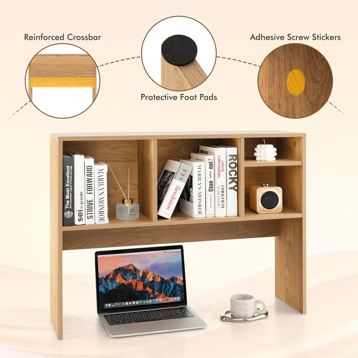 Desktop Bookshelf, Countertop Storage Hutch with 5 Shelves for Computer Desk, Desk 3-Tier Display Rack, Multipurpose Wood Desktop Hutch Storage Organizer for Dorm Office Home