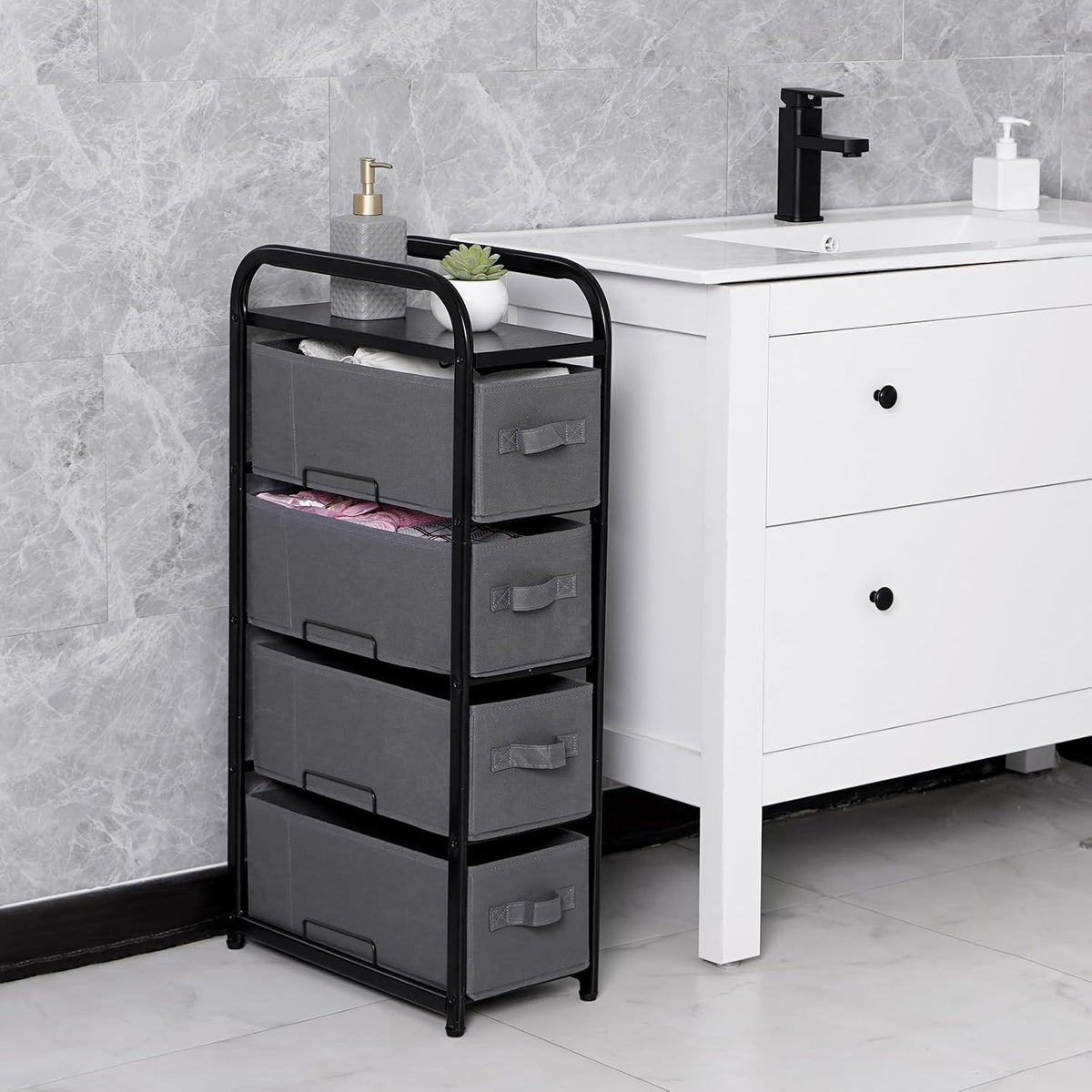 Dresser Storage with 3 Drawers, Fabric Dresser Tower, Vertical Storage Unit for Bedroom, Closet, Office, Black