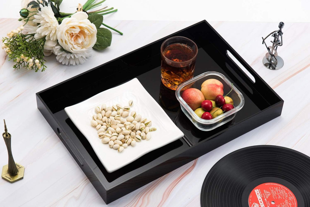 KEVLANG Glossy White Sturdy Acrylic Serving Tray with Handles-12x20 Inch-Serving Coffee Appetizer Breakfast-Kitchen Countertop Makeup Drawer Organizer-Vanity Table Ottoman Decorative Tray