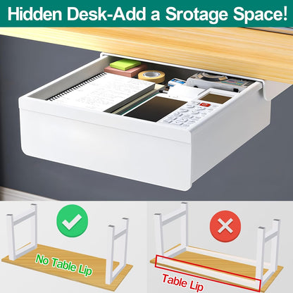 SVNNELP Under Desk Table Drawer Storage Organizer, Slide Out Drawer with 4 Compartments Divider,Pencil Storage Self-Adhesive Tray Under Table (M/White+White)
