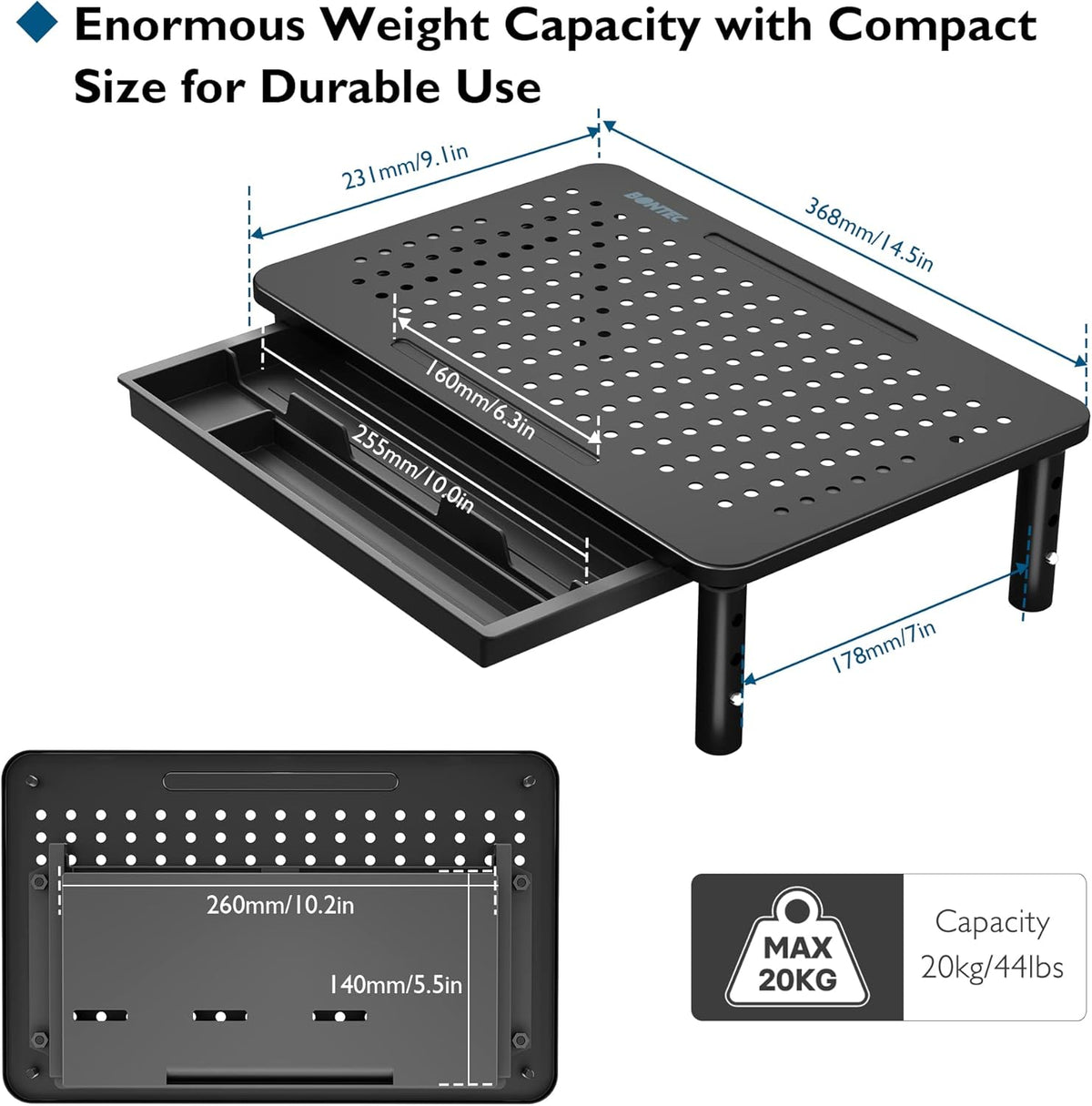 BONTEC Adjustable Monitor Stand Riser with Drawer, Ergonomic Mesh Platform Computer Monitor Stand for Desk, Ventilated Laptop and PC Stand with Cable Management, Supports up to 44lbs