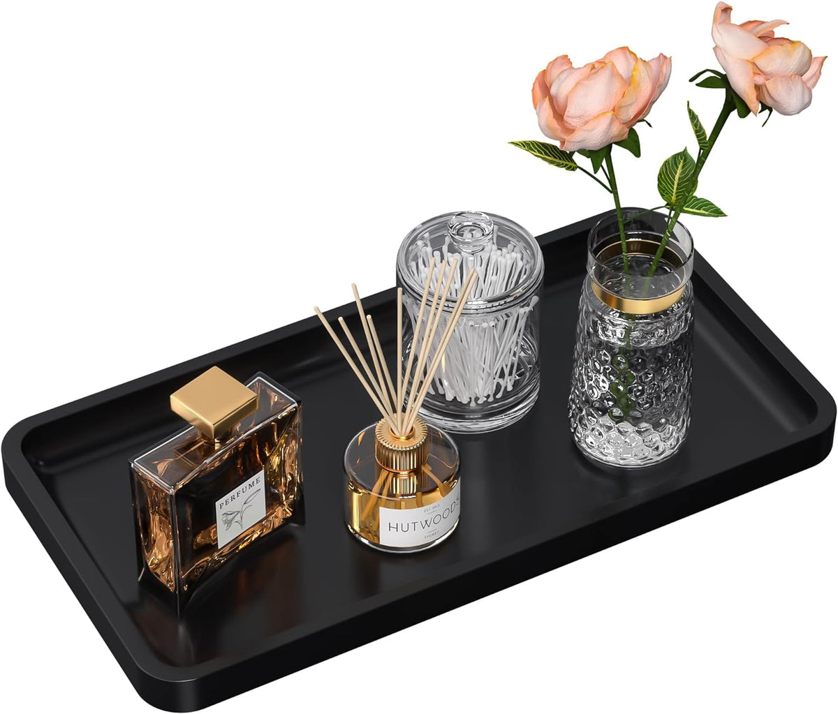 Small Bathroom Vanity Tray for Countertop Makeup Perfume Jewelry Decor Candle Keys, Small Black Kitchen Tray for Soap Dispenser Spice Bamboo Toilet Tray 7.9" L x 4" W x 0.79" H