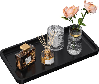 Small Bathroom Vanity Tray for Countertop Makeup Perfume Jewelry Decor Candle Keys, Small Black Kitchen Tray for Soap Dispenser Spice Bamboo Toilet Tray 7.9" L x 4" W x 0.79" H