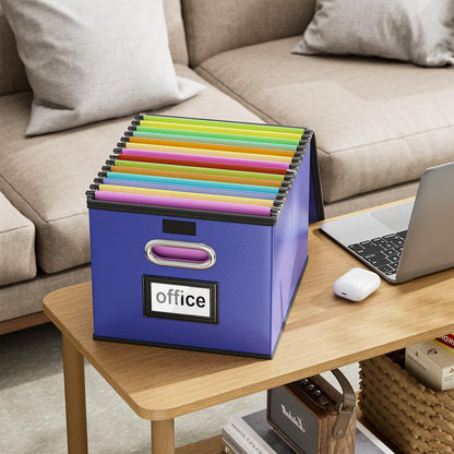 Upgraded Portable File Organizer Box with Lid, Collapsible Linen Hanging Filing Storage Boxes with Plastic Slides, Decorative Home/Office Filing System Box for File and Folders Storage (Gray)