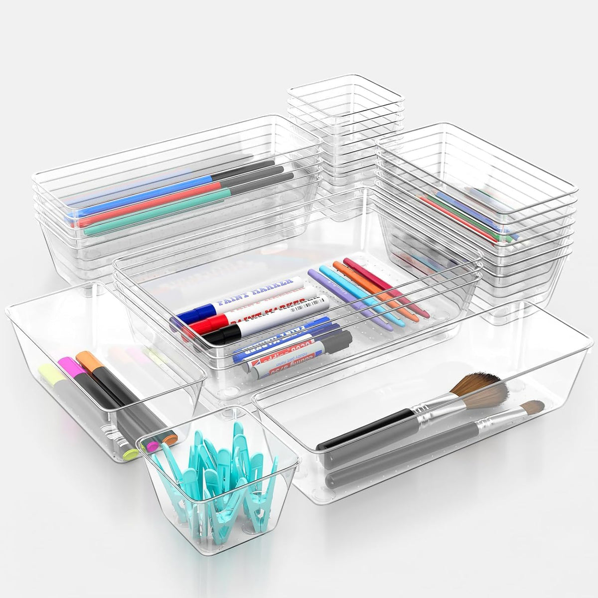 Clear Drawer Organizer Set, 3 Sizes Bathroom Vanity Organizer Trays and Storage Bins for Makeup, Cosmetics, Jewelry, and Gadgets. Perfect for Office, Kitchen, Bedroom, Bathroom Use.
