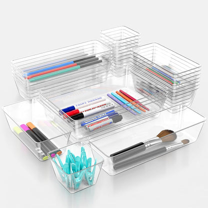 Clear Drawer Organizer Set, 3 Sizes Bathroom Vanity Organizer Trays and Storage Bins for Makeup, Cosmetics, Jewelry, and Gadgets. Perfect for Office, Kitchen, Bedroom, Bathroom Use.