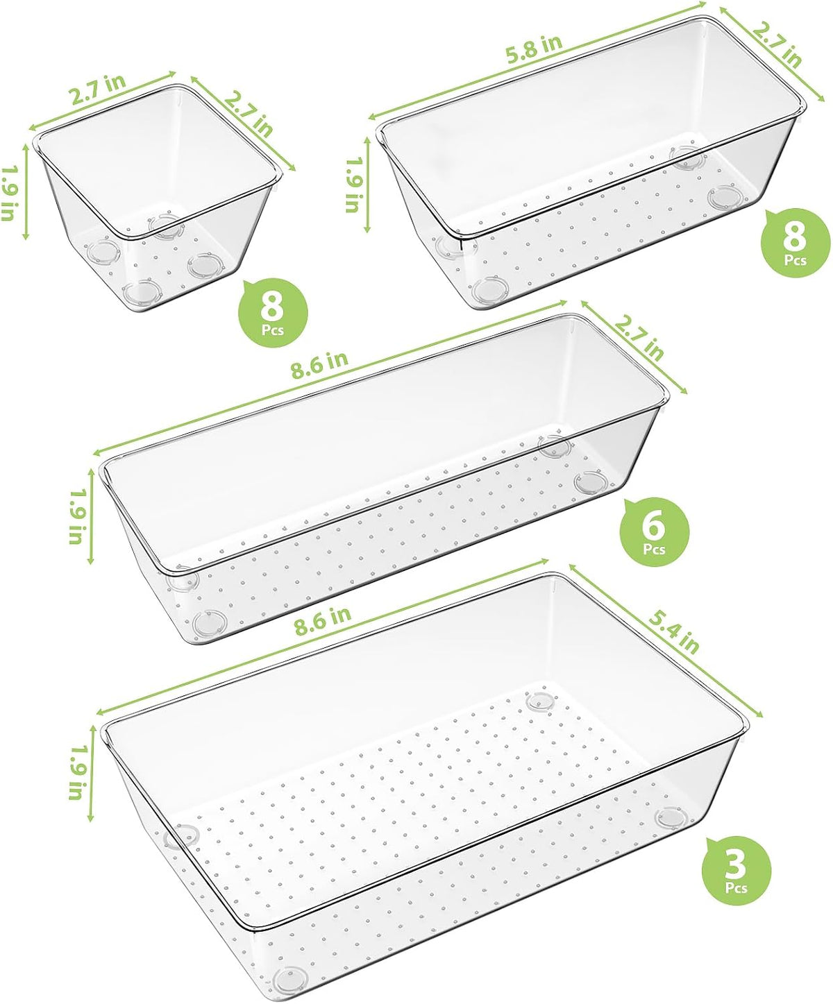 Clear Drawer Organizer Set, 3 Sizes Bathroom Vanity Organizer Trays and Storage Bins for Makeup, Cosmetics, Jewelry, and Gadgets. Perfect for Office, Kitchen, Bedroom, Bathroom Use.
