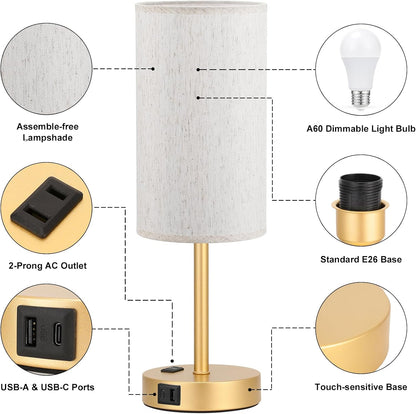 Fenmzee Bedside Table Lamp for Bedroom - Dimmable Touch, USB A+C, AC Outlet