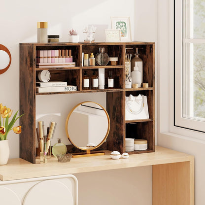 Desktop Bookshelf, Countertop Storage Hutch with 5 Shelves for Computer Desk, Desk 3-Tier Display Rack, Multipurpose Wood Desktop Hutch Storage Organizer for Dorm Office Home
