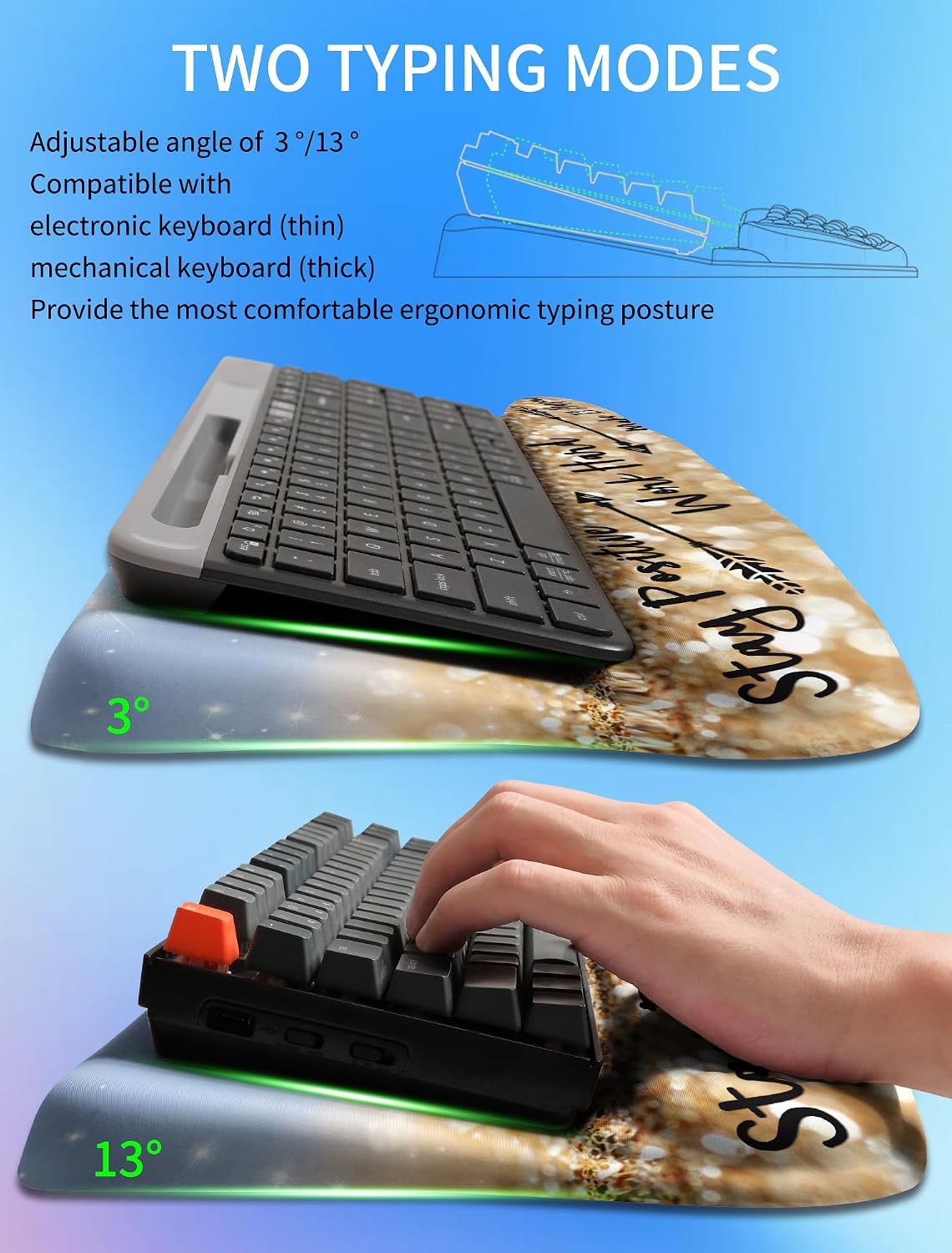 Ergonomic Wave Wrist Rest with Keyboard Stand, Cushioned Palm Rest, Comfortable Integrated Memory Foam for Natural Typing and Relieve Wrist Pain, Dark Night Black
