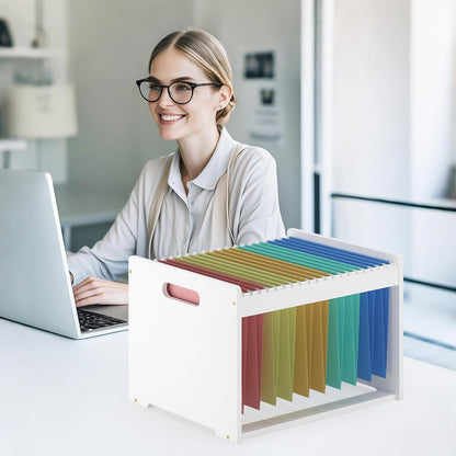 Hanging File Box Organizer for Letter Size, Bamboo Acrylic File Folder Storage with Lid Clear Moving Boxes Wooden with Handle Desktop Wood Filing Holder for Office Banker Document White 1 Pack