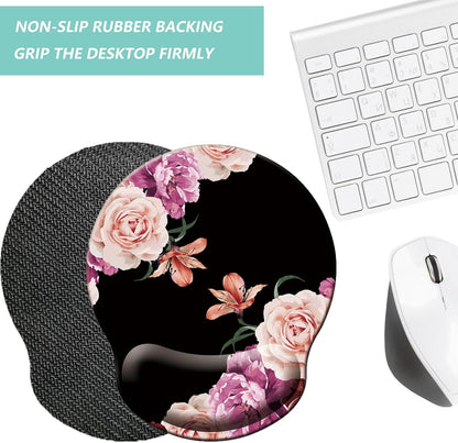 Mouse Pad with Wrist Support, Ergonomic Mouse Pad with Memory Foam Wrist Rest Cushion, Non-Slip Rubber Base Gaming Mice Pad for Home Office Computer Laptop, Flower Black