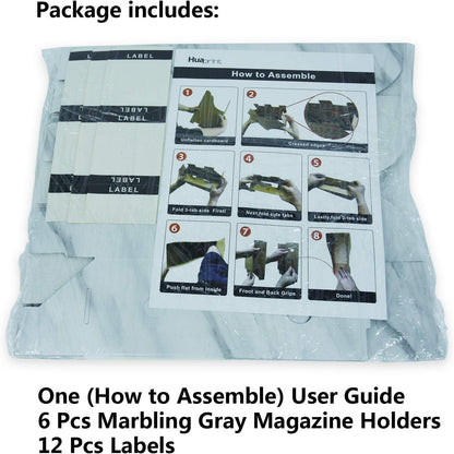 HUAPRINT Magazine Holder( 6 Pack, Marbling Gray) Cardboard Magazine File Holder-Folder Holder,Magazine Organizer,Document Organizer,Magazine Storage Box,With Labels