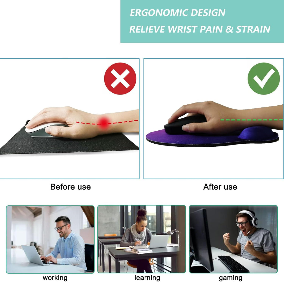 Mouse Pad with Wrist Support, Ergonomic Mouse Pad with Memory Foam Wrist Rest Cushion, Non-Slip Rubber Base Gaming Mice Pad for Home Office Computer Laptop, Flower Black
