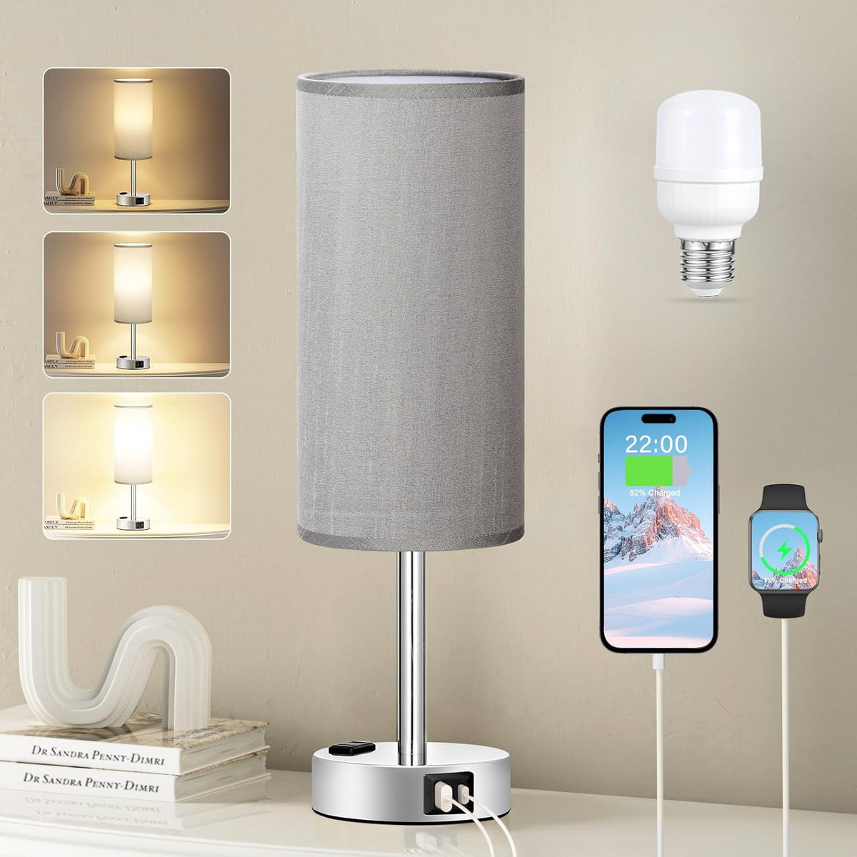 Fenmzee Bedside Table Lamp for Bedroom - Dimmable Touch, USB A+C, AC Outlet