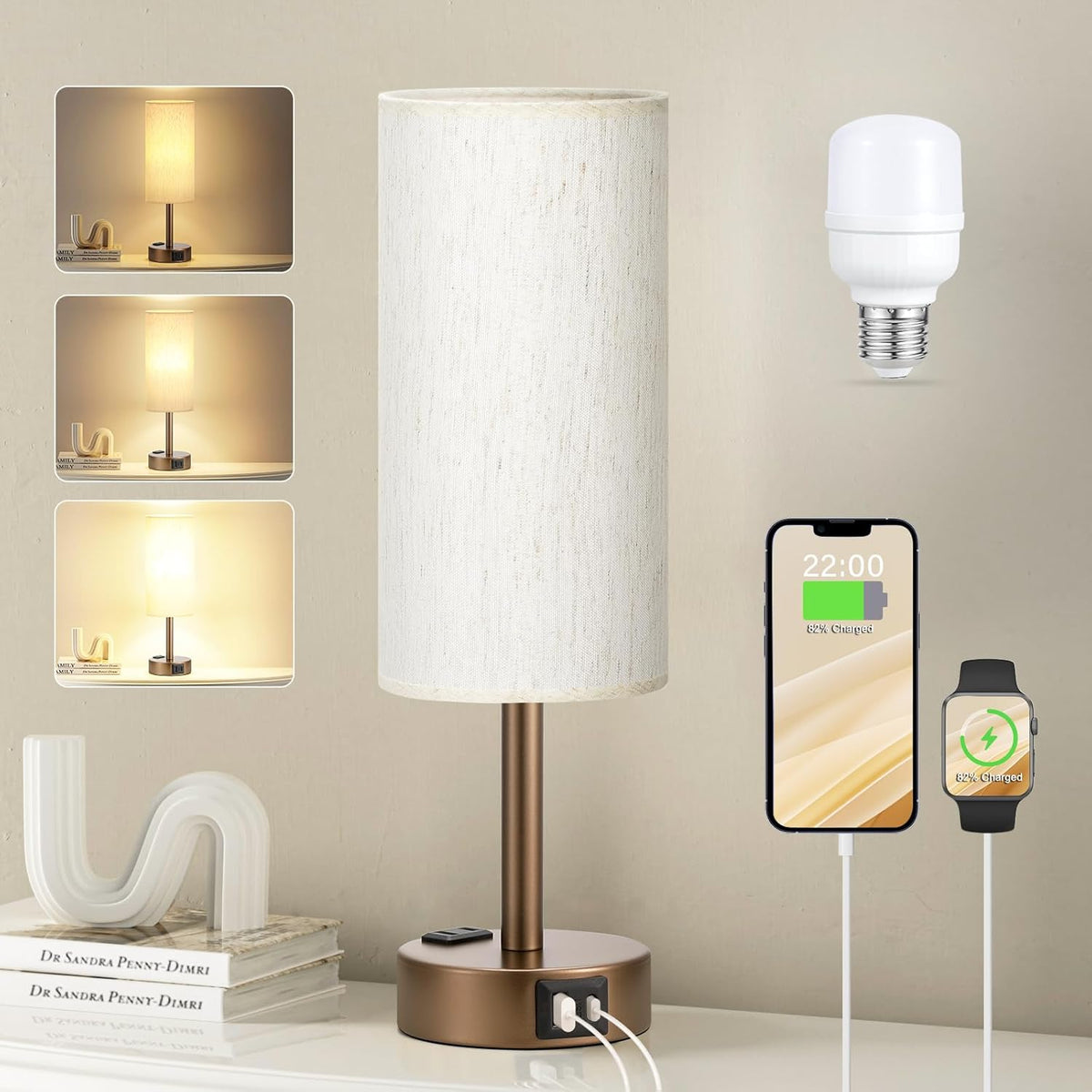 Fenmzee Bedside Table Lamp for Bedroom - Dimmable Touch, USB A+C, AC Outlet
