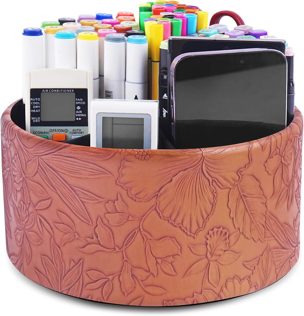 Round Leather Art Supply Organizer,Remote Control Holder,360 Degree Rotating,Multi-Functional Pencil Holder,4 Compartments Desktop Stationary Organizer(1-Blue Bird) - Colors C