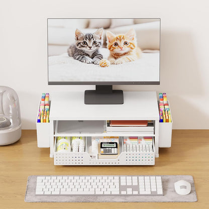 Desk Organizers and Accessories, Computer Monitor Stand Riser with Drawer and 2 Pen Holders, Printer & Laptop Stand, Office Desk Accessories & Workspace Organizers for Home Office Supplies, Black