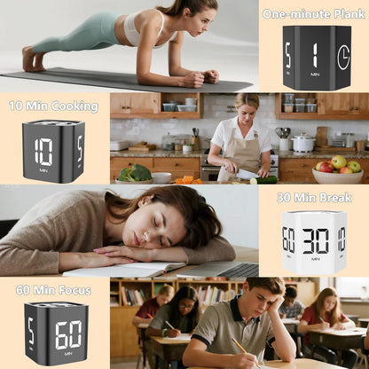 Rotating Cube Timer - 1/5/10/30/60min Presets, Gravity Sensor Pomodoro Stopwatch, 3 Sound Modes, ADHD Study Tool for Office/Kitchen/Classroom (F6 Black)