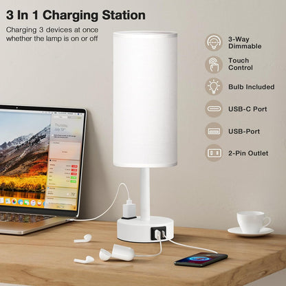 Fenmzee Bedside Table Lamp for Bedroom - Dimmable Touch, USB A+C, AC Outlet