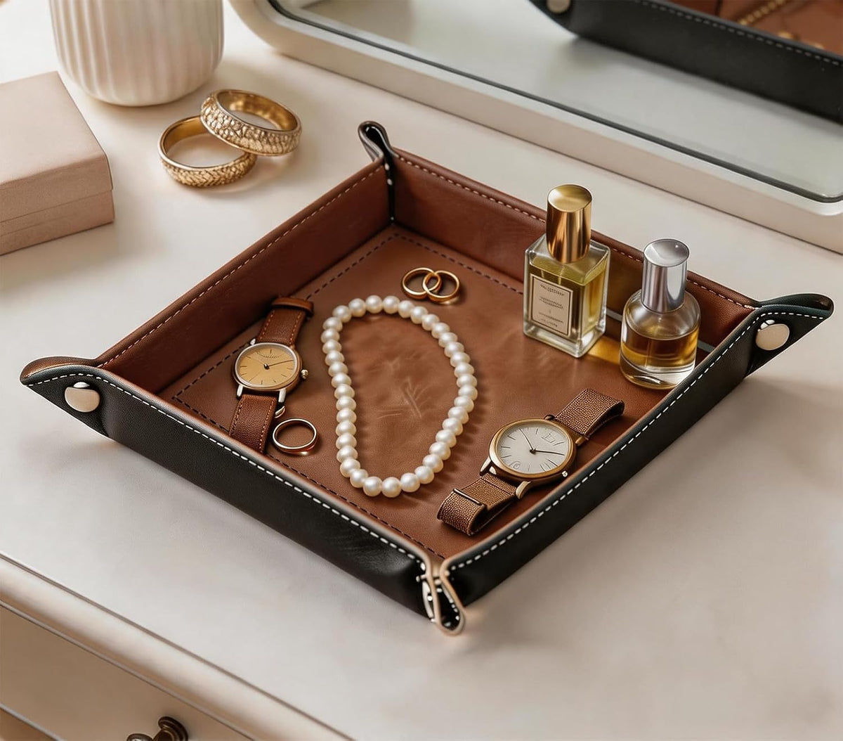 Valet Tray Desktop Storage Organizer – Vegan Leather Catchall Bedside Vanity Tray Nightstand Caddy Holder for Remote Controller, Watch, Keys, Phone, Wallet, Coin, Jewelry (Orange/Black)