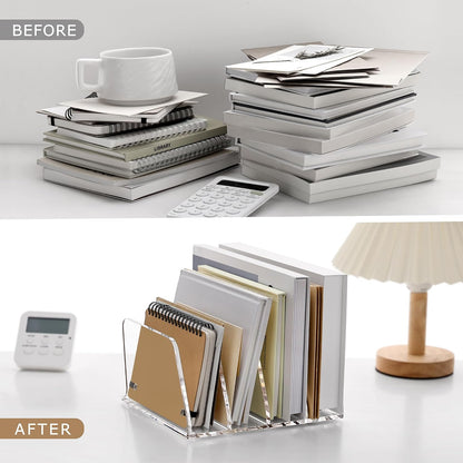 SANRUI Acrylic Mail Sorter Desktop Organizer Holder with Drawer, 5 Compartments Clear Small File Script Letter Document Storage for Desk Bill Filling Envelope Holder Office, Home, School Organization