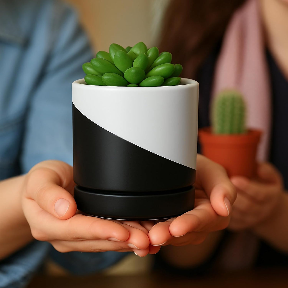 D'vine Dev 4.7 Inch Ceramic Planter Pot with Drainage Hole and Saucer, Indoor Cylinder Round Planter Pot, Teal, 94-O-B-9